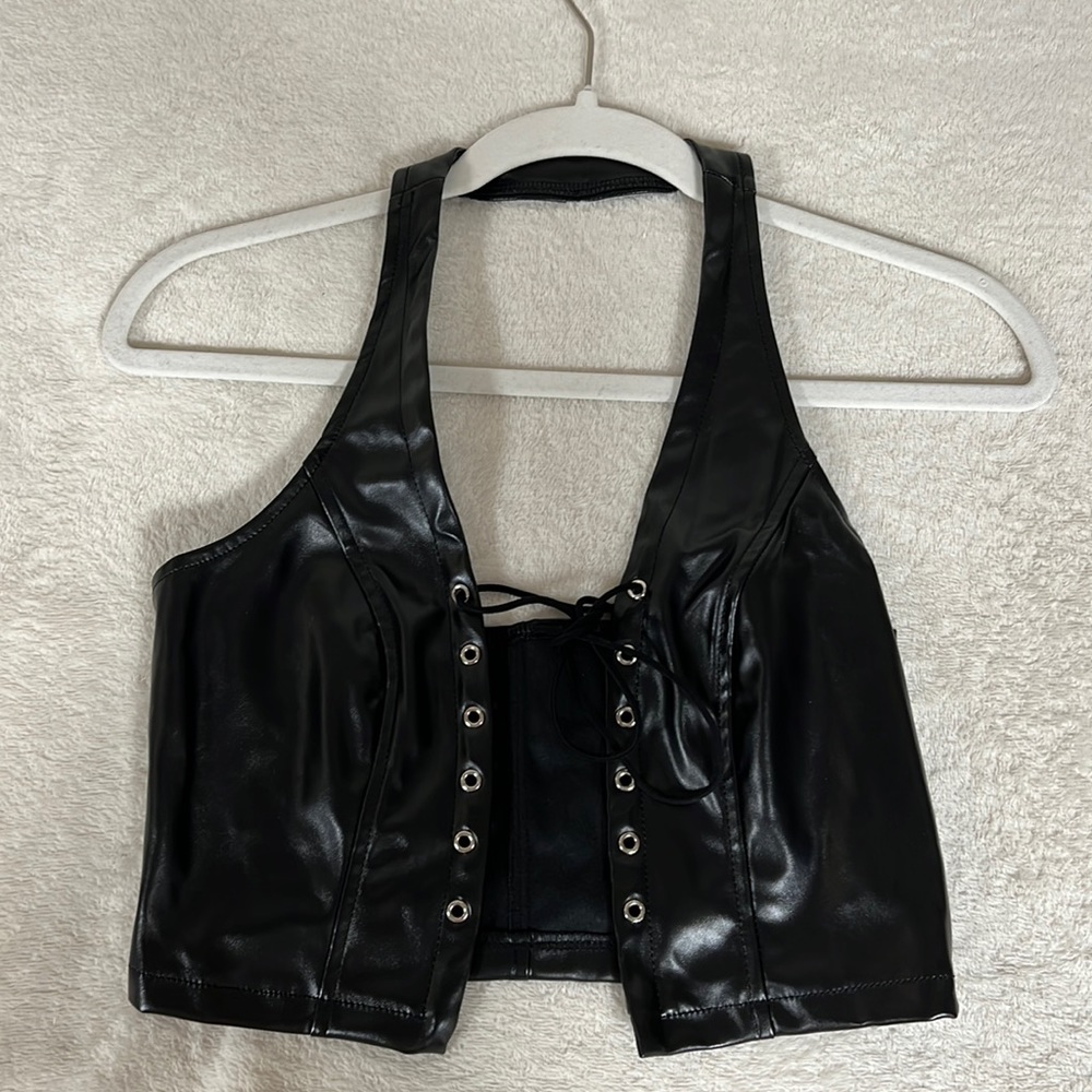 Black Leather Lace Up Top